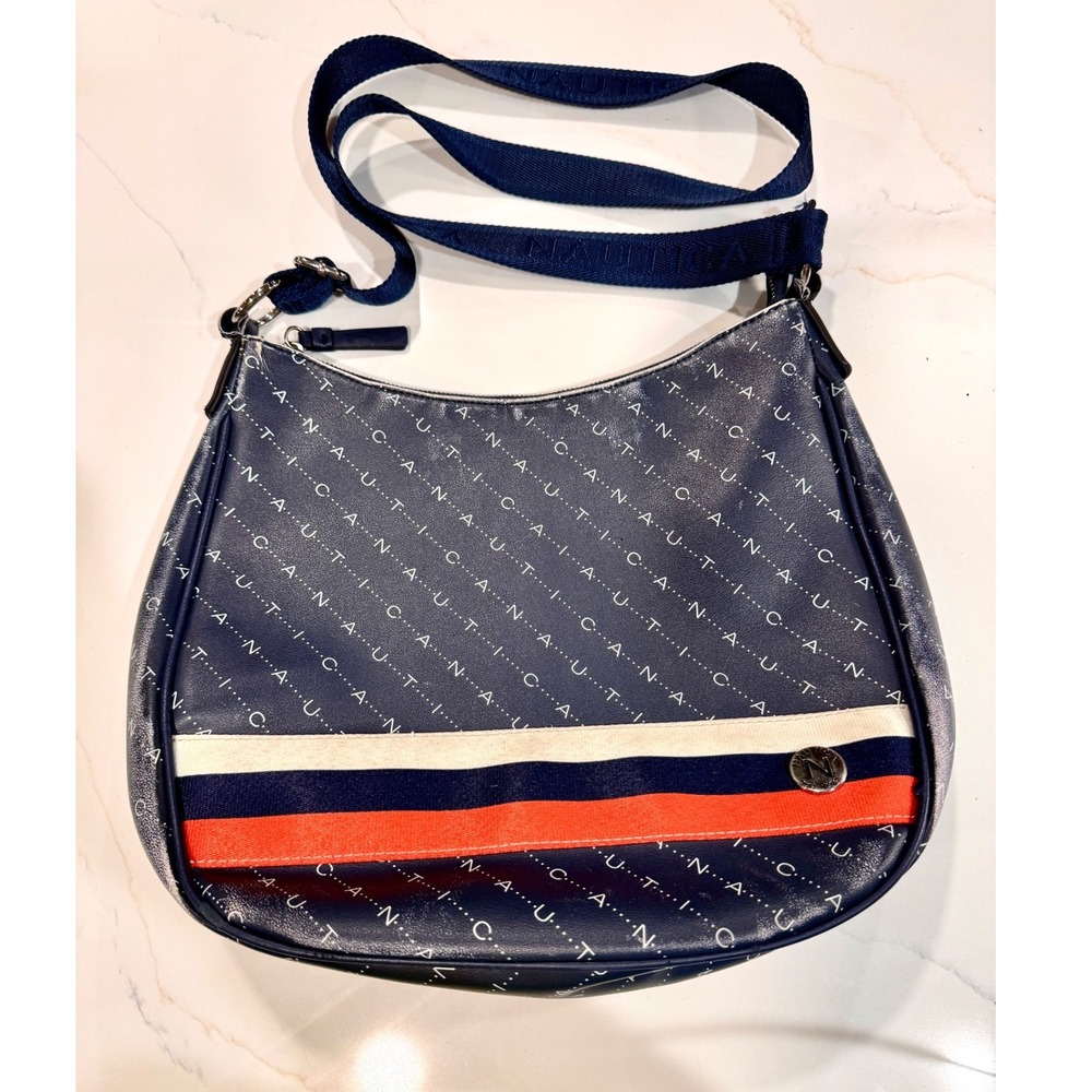 Nautica Blue Crossbody Bag Logo Print Racing Stripe Hobo Shoulder Bag